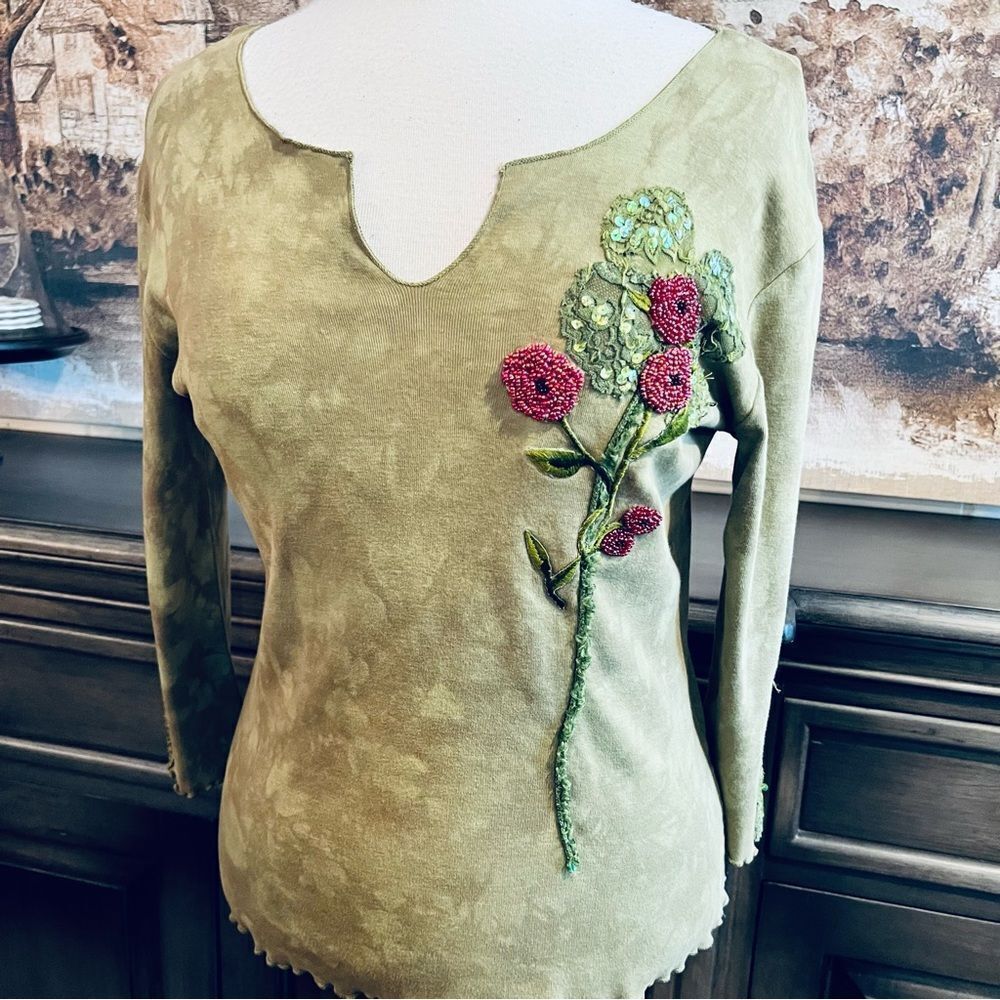 Nature Art Olive Green Beaded/Sequins Top size M
